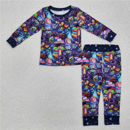 GLP2268 Baby Girls Cartoon Monster Purple Shirt Pants Pajamas Clothes Sets