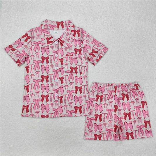 RTS NO MOQ Adult Women Summer Sets GSSO1717 Pink Bows Pocket Buttons Tops Shorts Pajamas