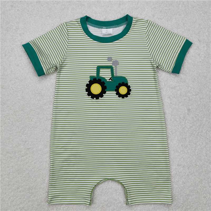 RTS NO MOQ Baby Boys Summer Bodysuit SR2431 Short Sleeve Green Tractor Farm Rompers