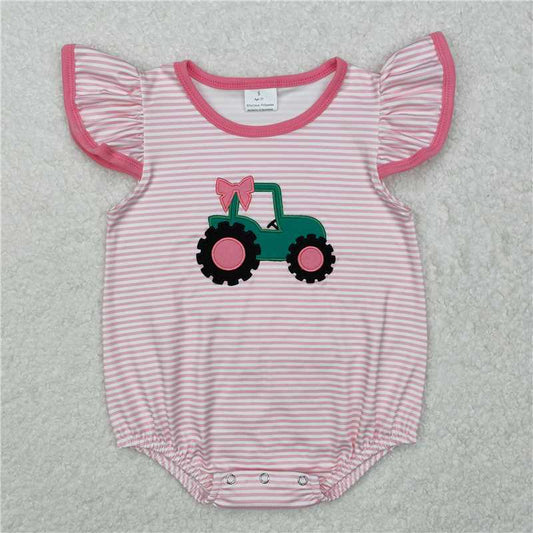 7.11 RTS NO MOQ Summer Baby Girls Bodysuit SR2432 Flutter Sleeve Pink Tractor Bow Rompers
