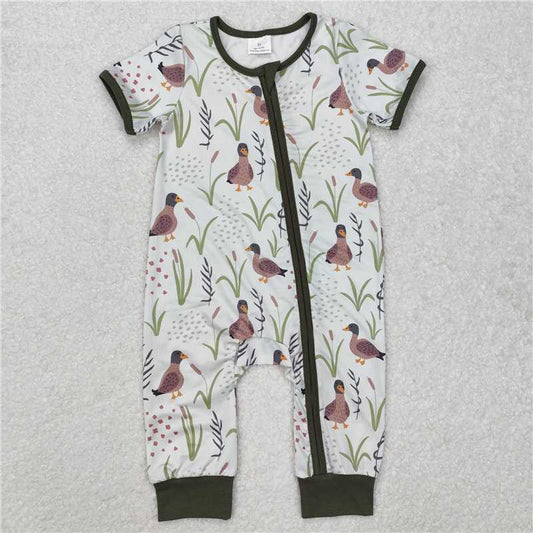 RTS NO MOQ Baby Boys Summer Bodysuit SR2086 Mallard Ducks Short Sleeve Green Zip Rompers