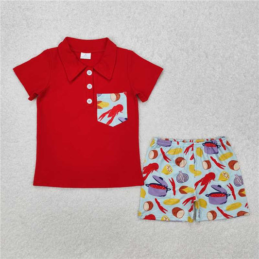 RTS NO MOQ Baby Boys kids Summer sets BSSO1188 Crayfish Corn Pocket Red Short Sleeve Shorts Set