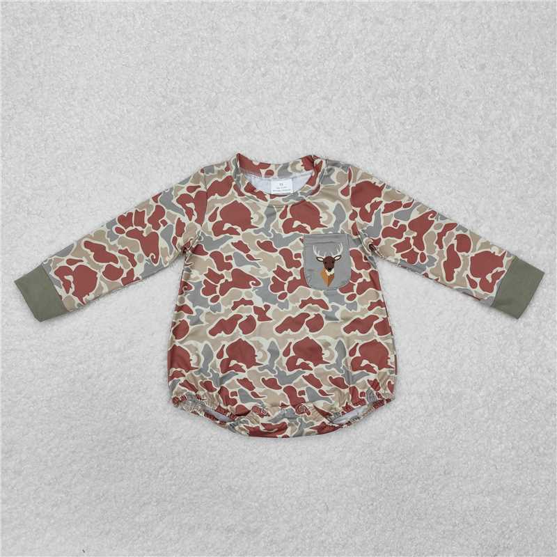 RTS NO MOQ Baby Boys Bodysuit LR2170 Green Camo Deer Pocket Long Sleeve Rompers