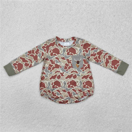 RTS NO MOQ Baby Boys Bodysuit LR2170 Green Camo Deer Pocket Long Sleeve Rompers