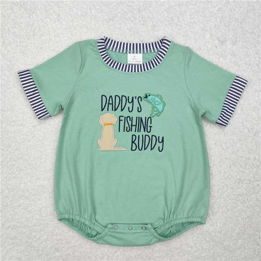 RTS NO MOQ Baby Boys Summer Bodysuit SR2336 Daddy's Fishing Buddy Green Short Sleeve Rompers