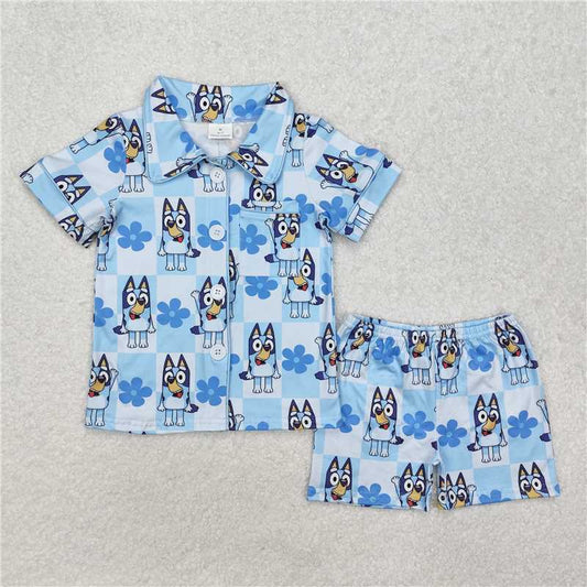 GSSO1800 Baby Girls Dogs Checkered Flowers Buttons Shirts Shorts Pajamas