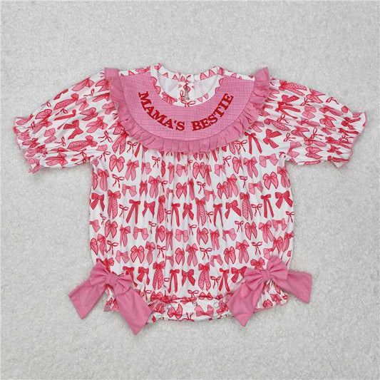 7.11 RTS NO MOQ Summer Baby Girls Bodysuit SR2620 Pink Bows Mama's Bestie Smocked Rompers
