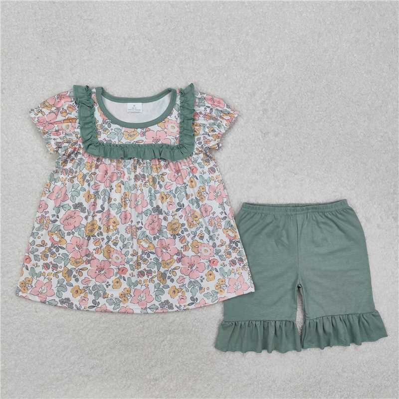 GSSO1607 Baby Girls Floral Green Tunic Top Ruffle Shorts Clothes Sets