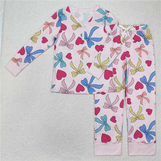 RTS NO MOQ Adult Women Long Sleeve GLP2275 Valentines Bows Buttons Tops Pants Pajamas