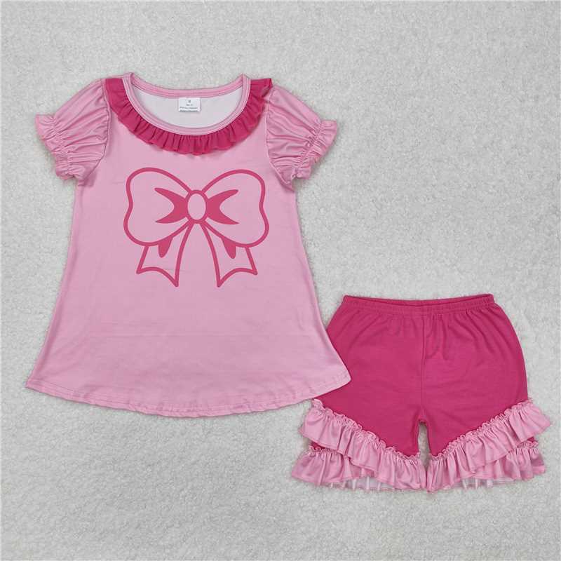 GSSO1531 Baby Girls Pink Bow Tunic Ruffle Shorts Clothes Sets