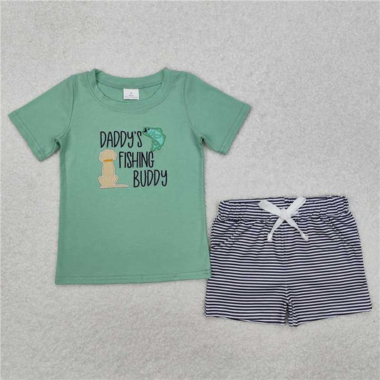 RTS NO MOQ Baby Boys kids Summer Sets BSSO1147 Fish Puppy Green Short Sleeve Striped Shorts Suit