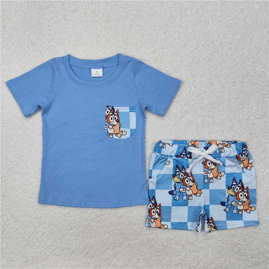 RTS NO MOQ Baby Boys kids Summer sets BSSO1211  Blue plaid pocket short-sleeved shorts set