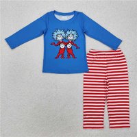 RTS NO MOQ Baby Boys Sets Blue Long Sleeve Tops Red Stripe Pants Clothing Sets