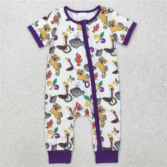 RTS NO MOQ Baby Boys Summer Bodysuit SR2394 Mardi Gras Bird Purple Short Sleeve Zip Rompers