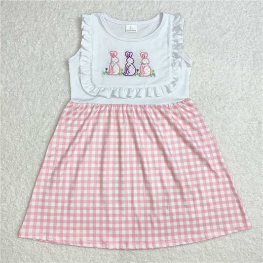 7.9 RTS NO MOQ Summer Baby Girls Dresses GSD1696 Embroidery Easter Rabbits Pink Checkered Knee Length Dresses