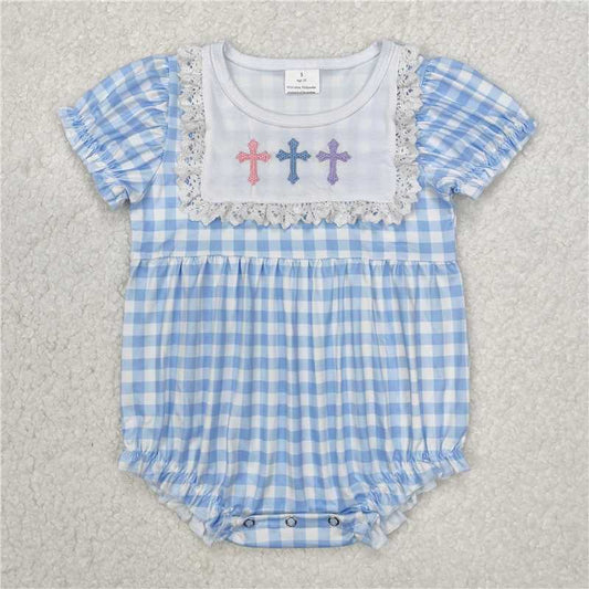 7.11 RTS NO MOQ Summer Baby Girls Bodysuit SR2133 Easter Blue Checkered Cross Rompers