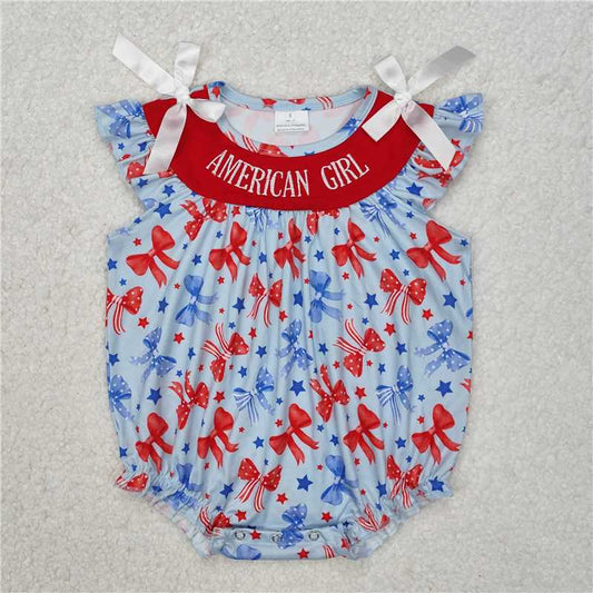 7.11 RTS NO MOQ Summer Baby Girls Bodysuit SR2589 Embroidery American Girl Bows Rompers