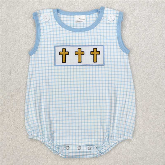 RTS NO MOQ Baby Boys Summer Bodysuit SR2505 Embroidery Blue Checkered Easter Cross Rompers