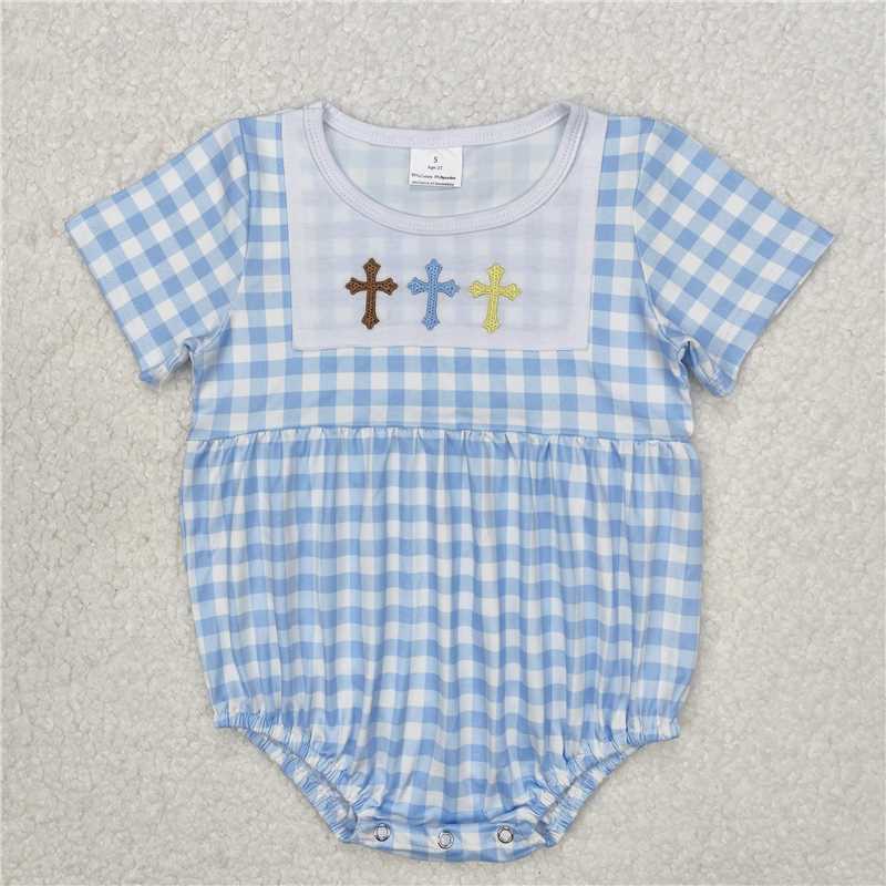 RTS NO MOQ Baby Boys Summer Bodysuit SR2134 Easter Light Blue Checkered Cross Rompers