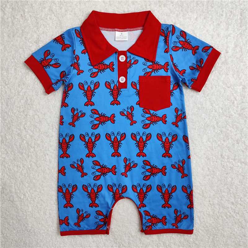 RTS NO MOQ Baby Boys Summer Bodysuit SR2460 Crawfish Red Short Sleeve Pocket Rompers
