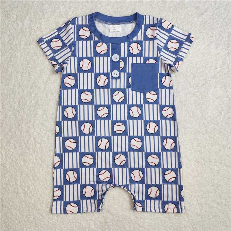 RTS NO MOQ Baby Boys Summer Bodysuit SR2313 Baseball Short Sleeve Stripe Pockets Rompers