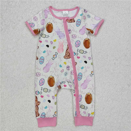 RTS NO MOQ Baby Girls Summer Bodysuit SR2712 Pink Easter Rabbits Zip Rompers