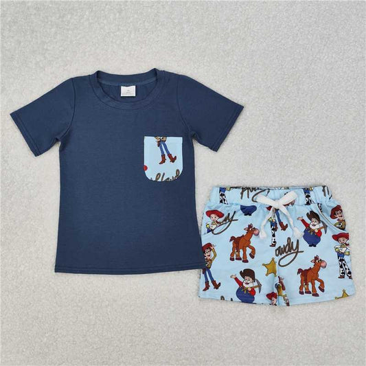 RTS NO MOQ Baby Boys kids Summer sets BSSO1213 Blue short-sleeved shorts with pockets