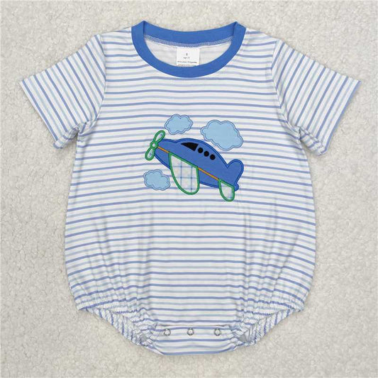 RTS NO MOQ Baby Boys Summer Bodysuit SR2244 Embroidery Plane Stripes Short Sleeve Rompers