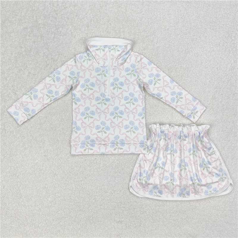 RTS NO MOQ Baby Girls Long Sleeve Outfits GLD1012 Bows Flowers Zip Top Skort Skirt Clothes Sets