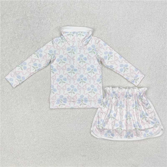 RTS NO MOQ Baby Girls Long Sleeve Outfits GLD1012 Bows Flowers Zip Top Skort Skirt Clothes Sets