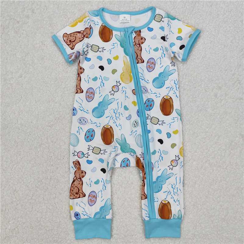 RTS NO MOQ Baby Boys Summer Bodysuit SR2713 Easter Rabbits  Blue Short Sleeve Zip Rompers