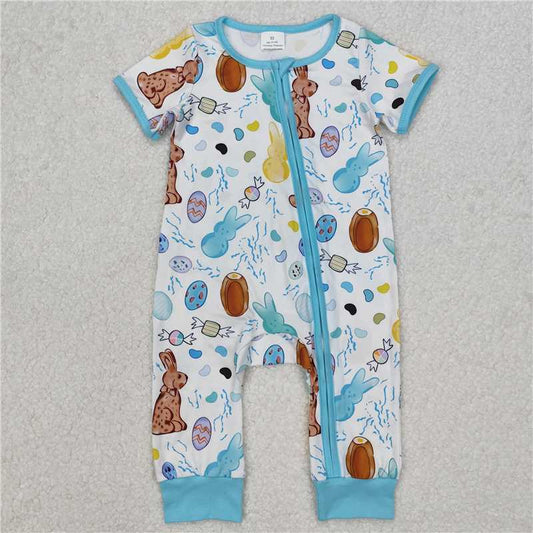 RTS NO MOQ Baby Boys Summer Bodysuit SR2713 Easter Rabbits  Blue Short Sleeve Zip Rompers