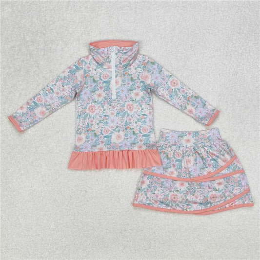 RTS NO MOQ Baby Girls Long Sleeve Outfits GLD1010 Pink Flowers Zip Top Skirt Ruffle Skort Bottoms Sets