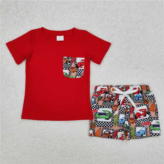 RTS NO MOQ Baby Boys kids Summer sets BSSO1256 Brown pocket red short-sleeved shorts set