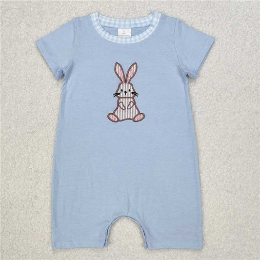 RTS NO MOQ Baby Boys Summer Bodysuit SR2404 Embroidery Blue Easter Rabbit Short Sleeve Rompers