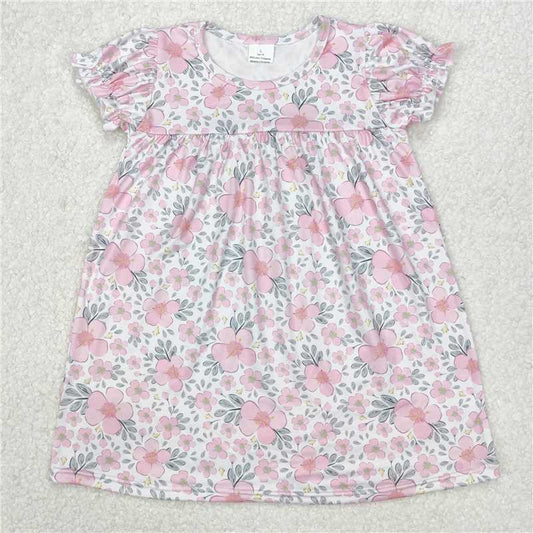RTS NO MOQ Summer Baby Girls Dresses GSD2026 Pink Flowers Leaves Knee Length Dresses