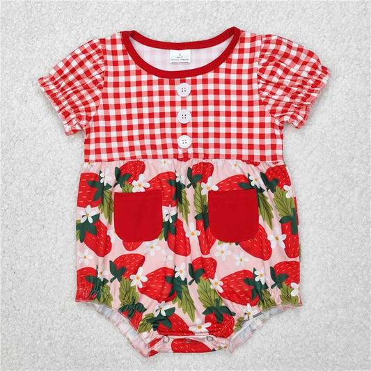 RTS NO MOQ Baby Girls Summer Bodysuit SR2307 Red Checkered Short Sleeve Strawberry Rompers