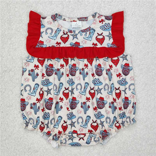 RTS NO MOQ Baby Girls Summer Bodysuit SR2680 4th Of July Western Hats Red Ruffle Cactus Rompers