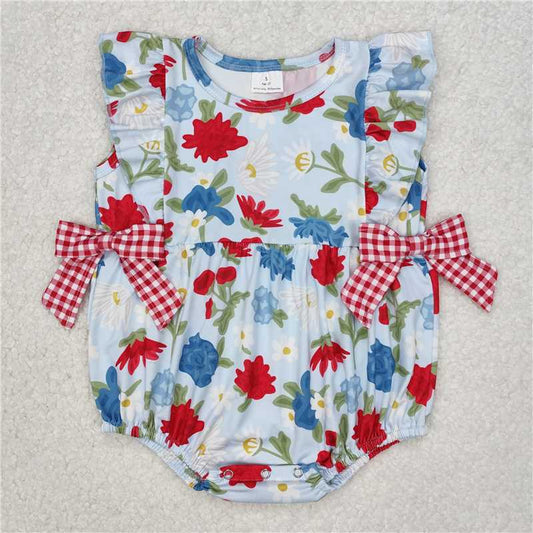RTS NO MOQ Baby Girls Summer Bodysuit SR2593 Ruffle Red Navy Flowers Bows Rompers