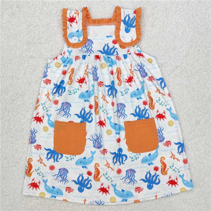 RTS NO MOQ Summer Baby Girls Dresses GSD1961 Sea Animals Pockets Knee Length Dresses