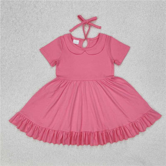 RTS NO MOQ Summer Baby Girls Dresses GSD1917 Hot Pink Collar Ruffle Knee Length Dresses