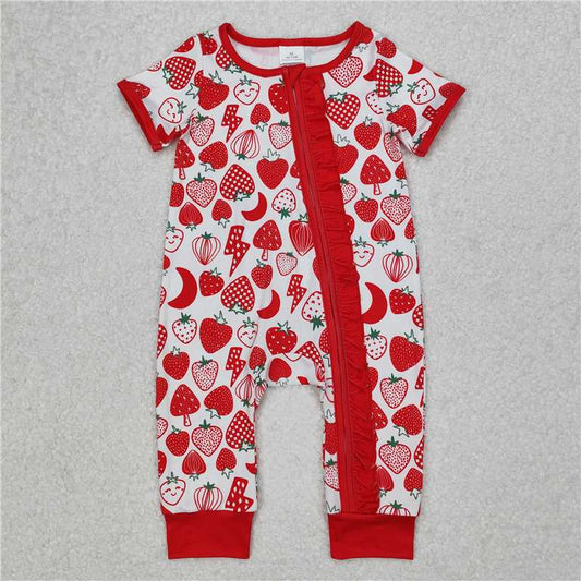RTS NO MOQ Baby Girls Summer Bodysuit SR2500 Strawberry Short Sleeve Ruffle Zip Rompers