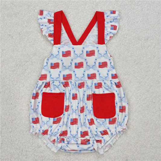 RTS NO MOQ Baby Girls Summer Bodysuit SR2331 4th Of July Flutter Sleeve Flag Straps Rompers
