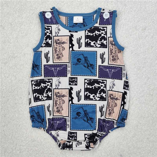 RTS NO MOQ Baby Boys Summer Bodysuit SR2700 Western Sleeveless Rodeo Cow Cactus Rompers
