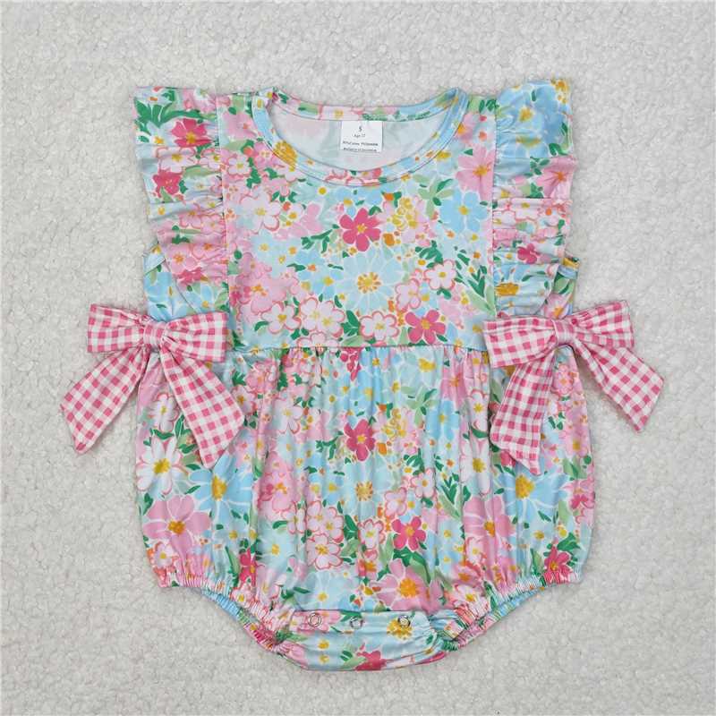 RTS NO MOQ Baby Girls Summer Bodysuit SR2719 Blue Pink Ruffle Flowers Bows Rompers