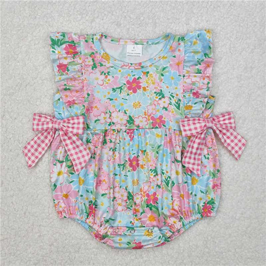 RTS NO MOQ Baby Girls Summer Bodysuit SR2719 Blue Pink Ruffle Flowers Bows Rompers
