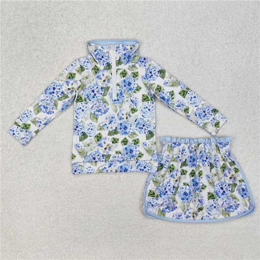 RTS NO MOQ Baby Girls Long Sleeve Outfits GLD1016 Blue Flowers Athletic Active Wear Top Shorts Skirts Clothes Sets