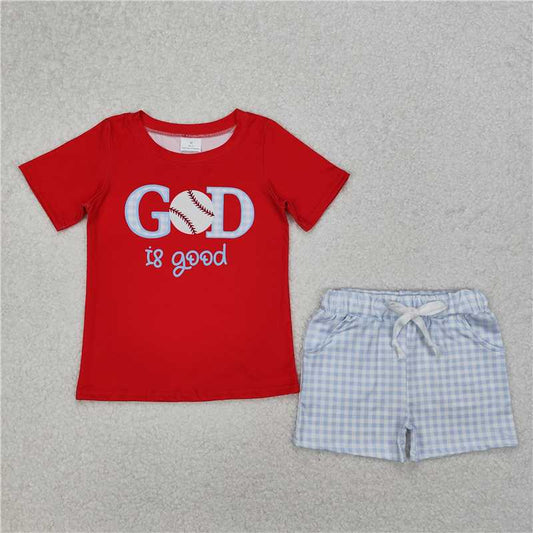 RTS NO MOQ Baby Boys kids Summer sets BSSO1248 Baseball Red Short Sleeve Blue Plaid Shorts Set