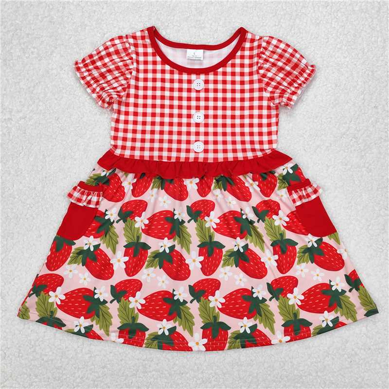 RTS NO MOQ Summer Baby Girls Dresses GSD1612 Red Checkered Strawberry Knee Length Dresses
