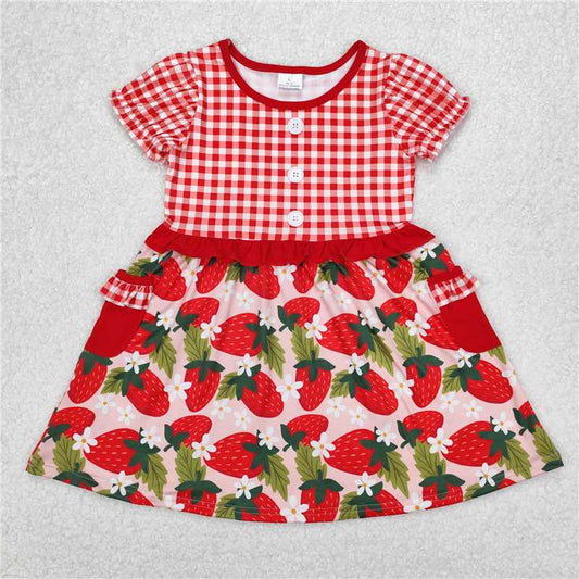 RTS NO MOQ Summer Baby Girls Dresses GSD1612 Red Checkered Strawberry Knee Length Dresses